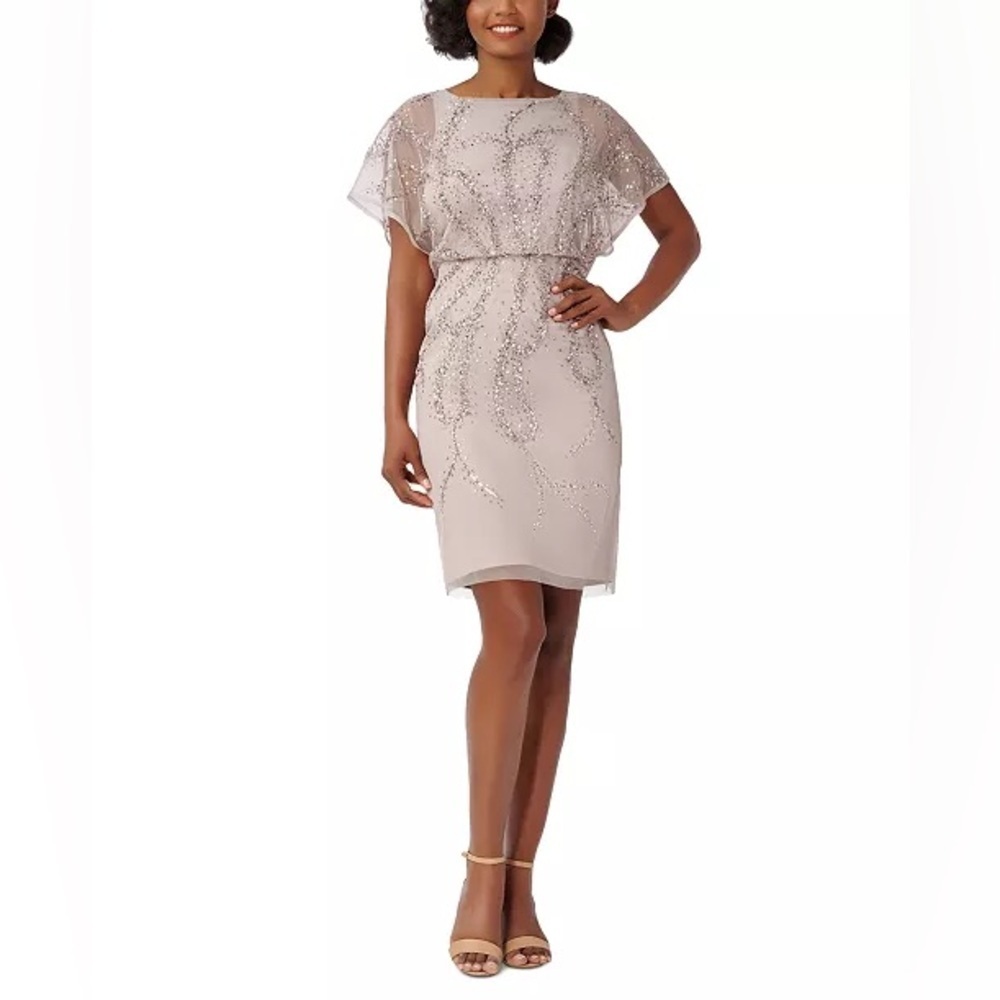 Adrianna Papell Beaded Cocktail Dress 10 Marble Sequin Grey Wedding Evening Bold